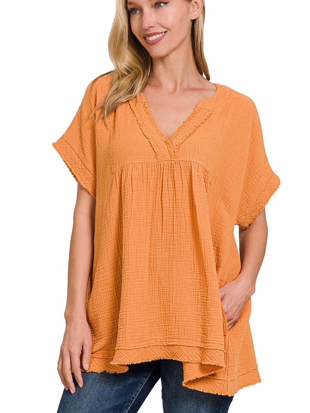 Zenana Outfitters Orange V-Neck Gauze Tunic